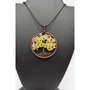 Citrine Tree of Life Pendant Necklace | Handmade | Faux Leather Cord 20"+2" NEW
